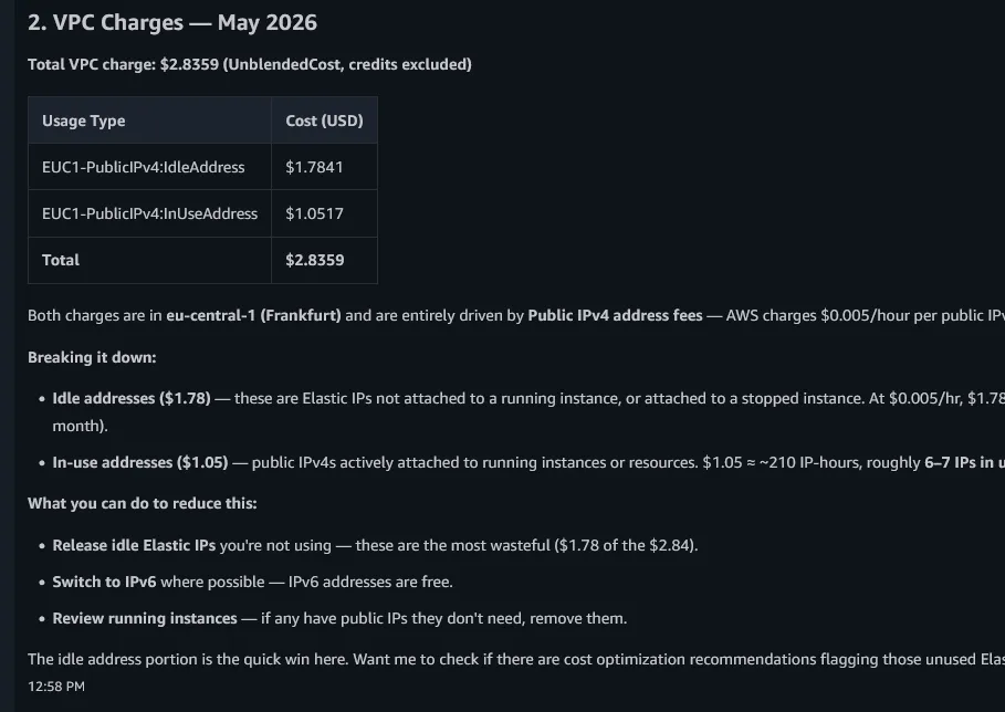 It's a cool feature that the agent can share cost breakdown of the resources