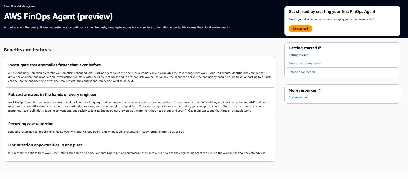 AWS FinOps Dashboard - visible only at us-east-1 region