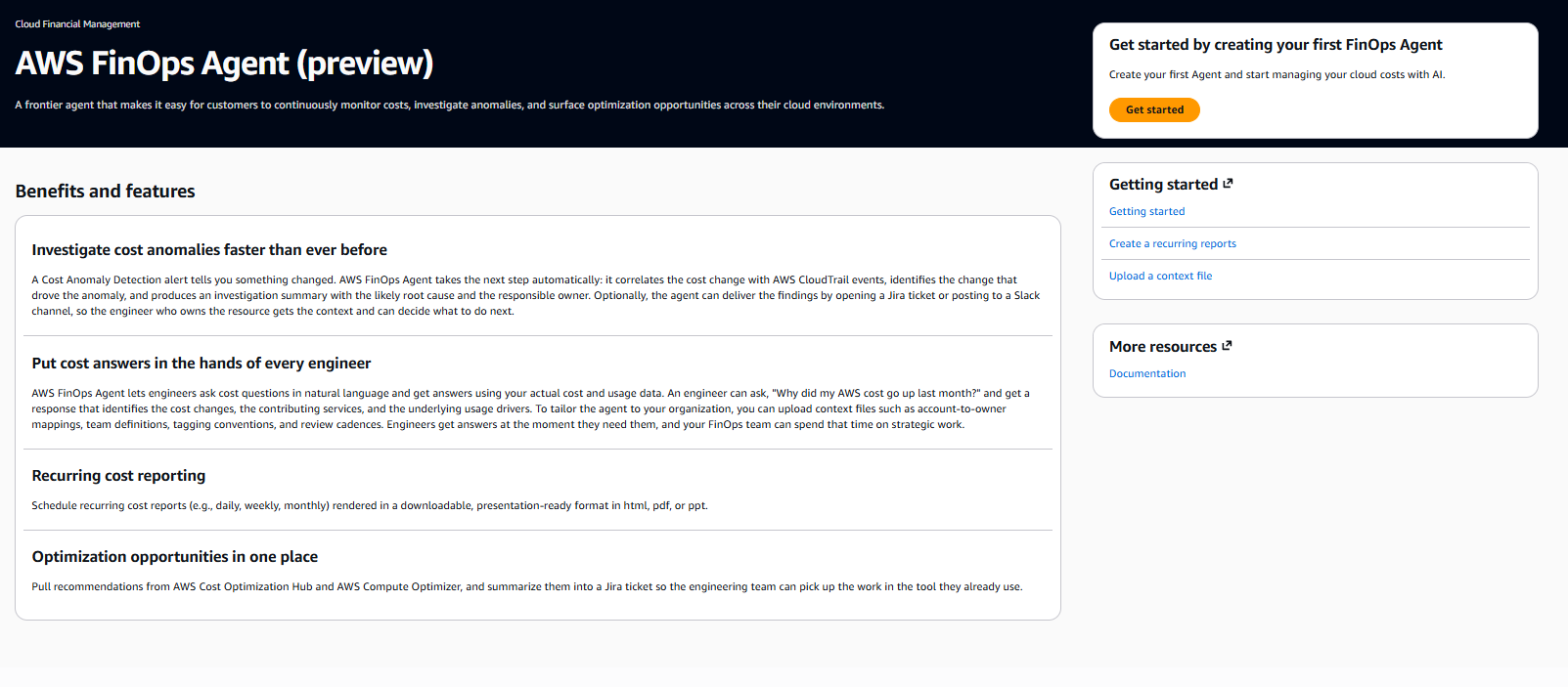 AWS FinOps Dashboard - visible only at us-east-1 region
